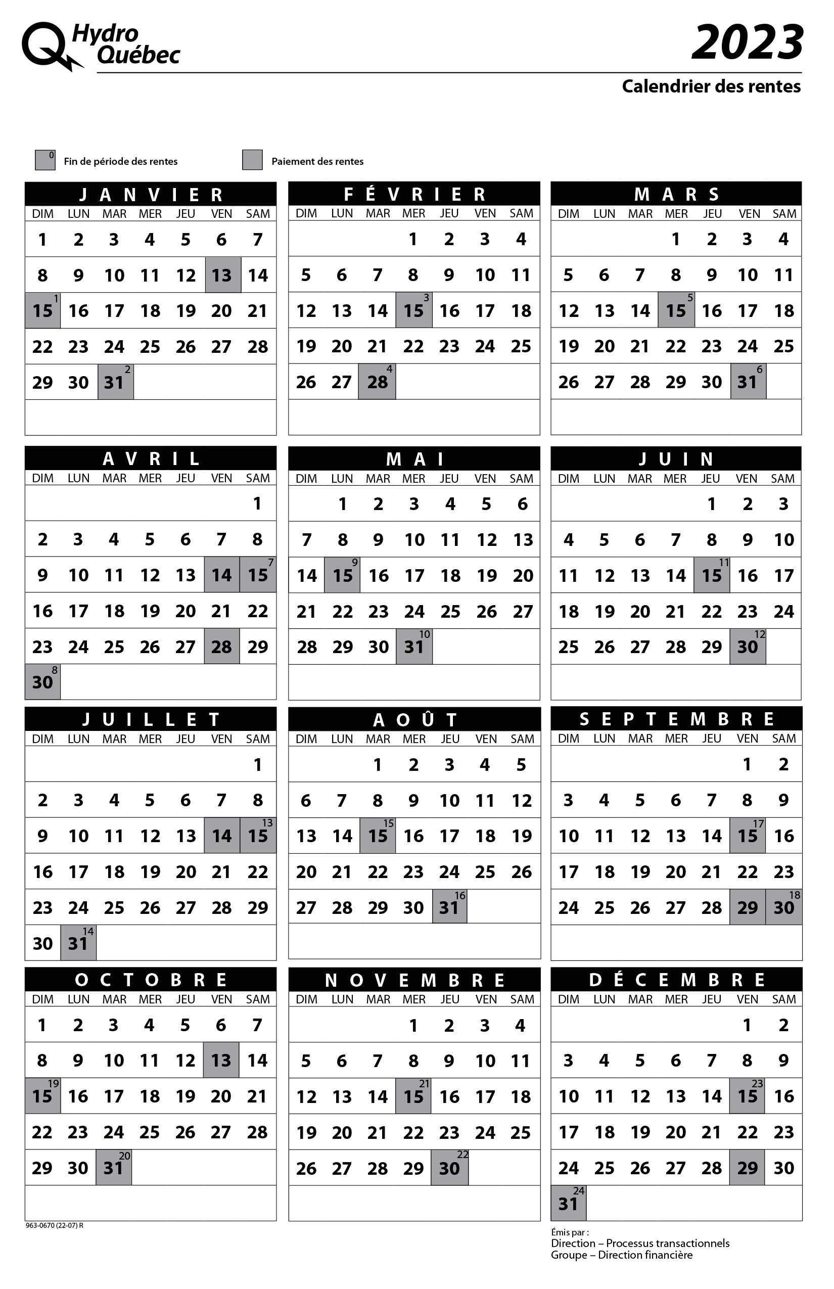 Calendrier des rentes 2016